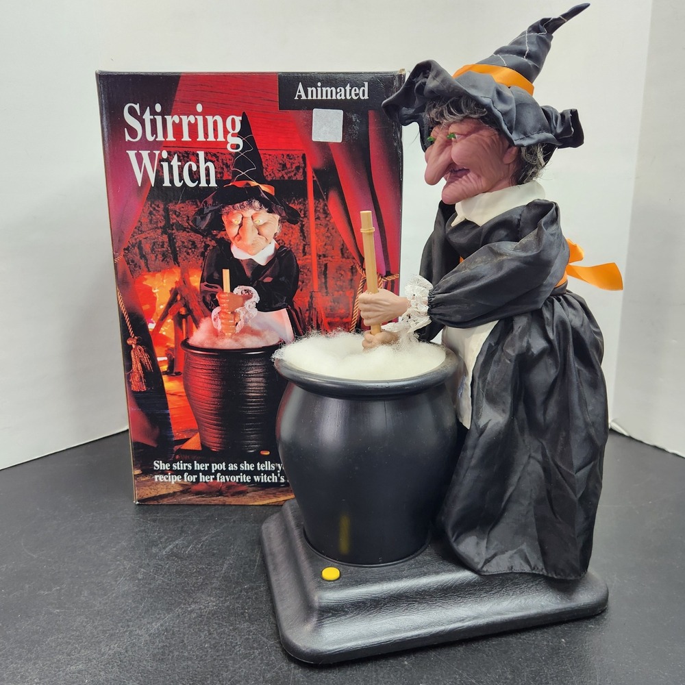 Vintage Gemmy Animated Stirring Witch Halloween Prop with Cauldron WORKS